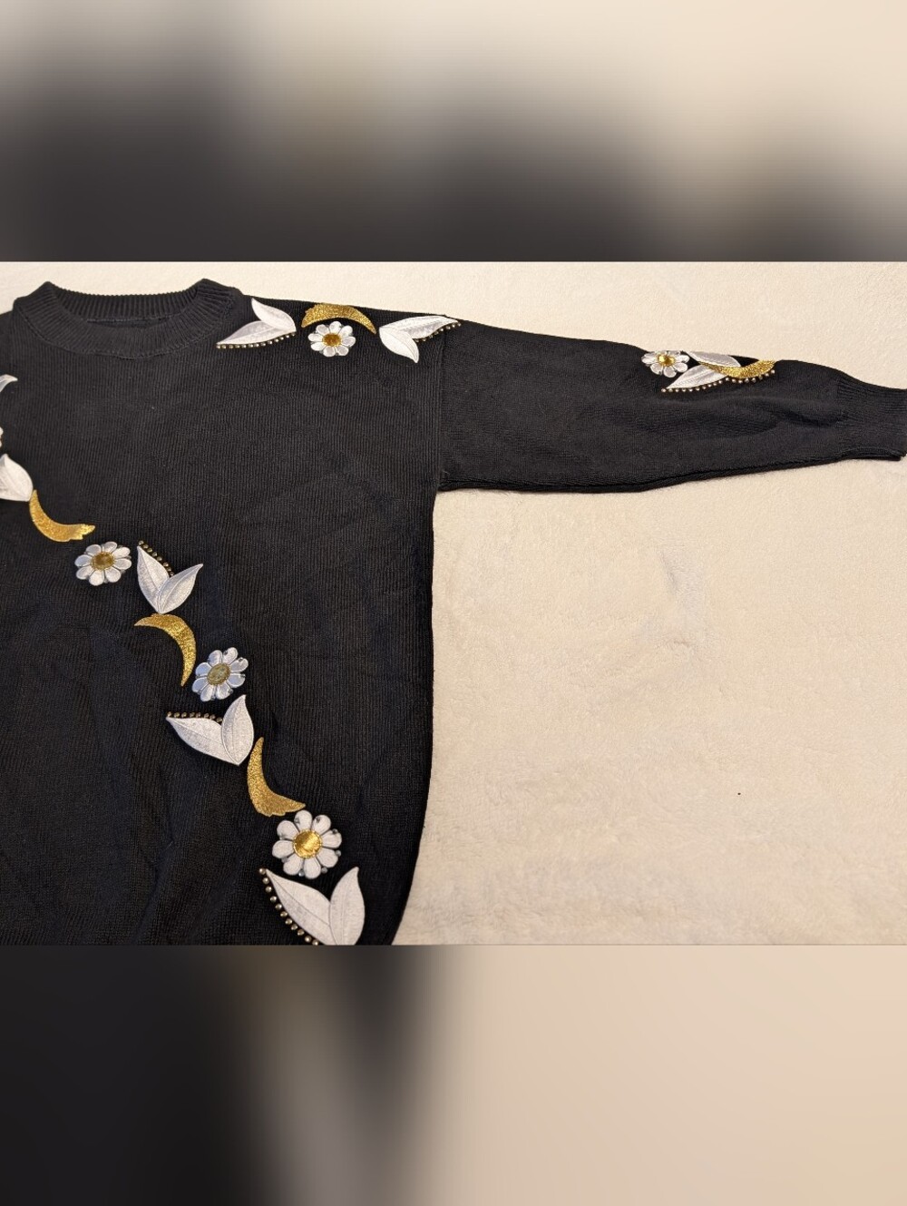 Vintage "Handcrafted By Mardel" Knit Sweater with Gold & White Floral Embroidery
